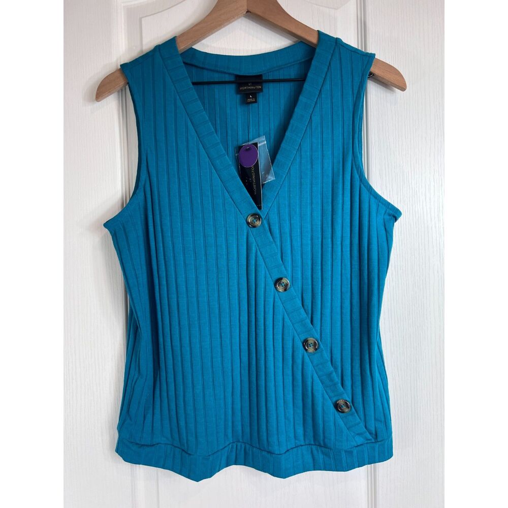 Worthington Women's Blue Sleeveless Ribbed Blouse Button Detail Size L - NWT!